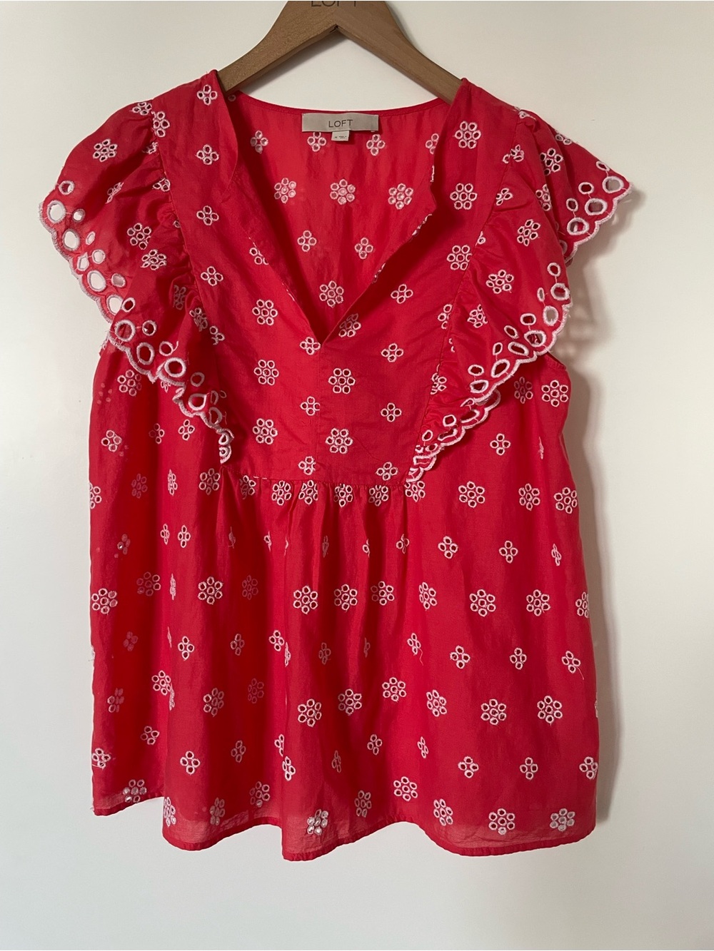 LOFT Red Eyelet Flutter Sleeve Blouse